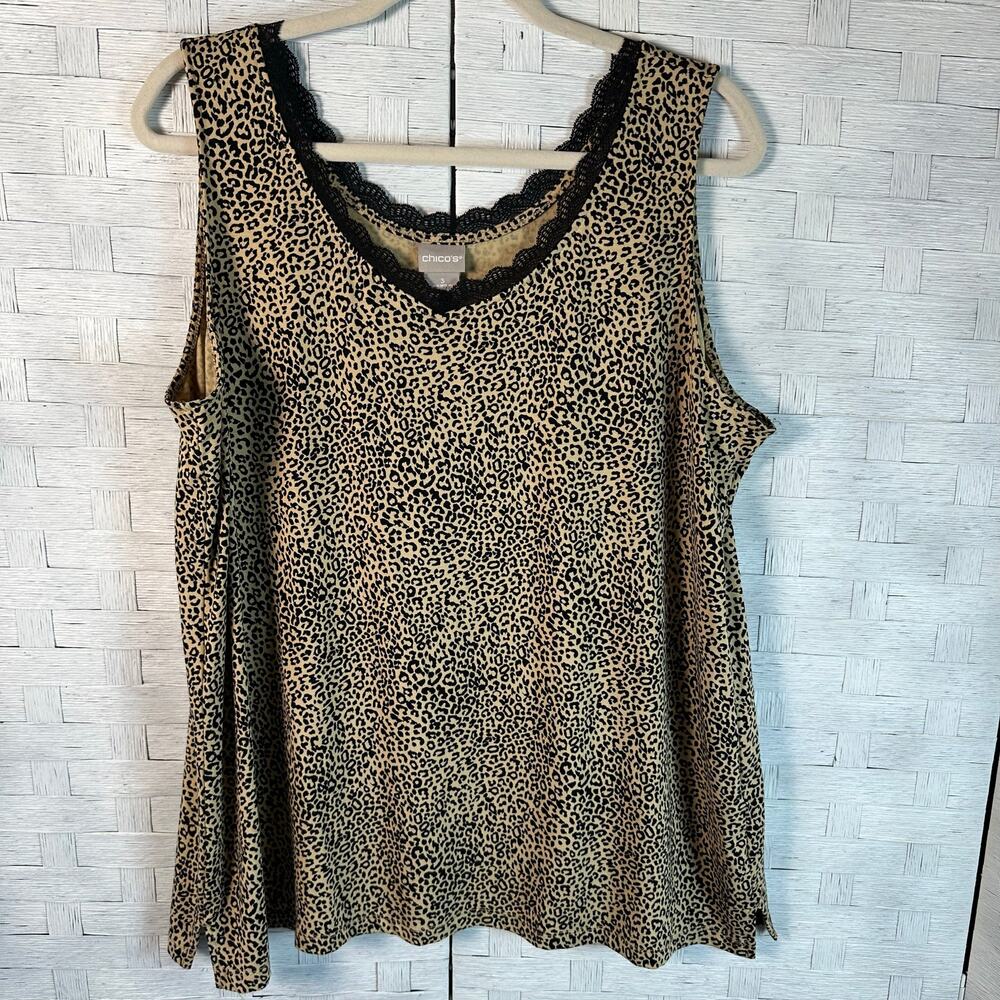 Chico's cheetah print, tank top V-neck with lace, soft tan black costal grandma